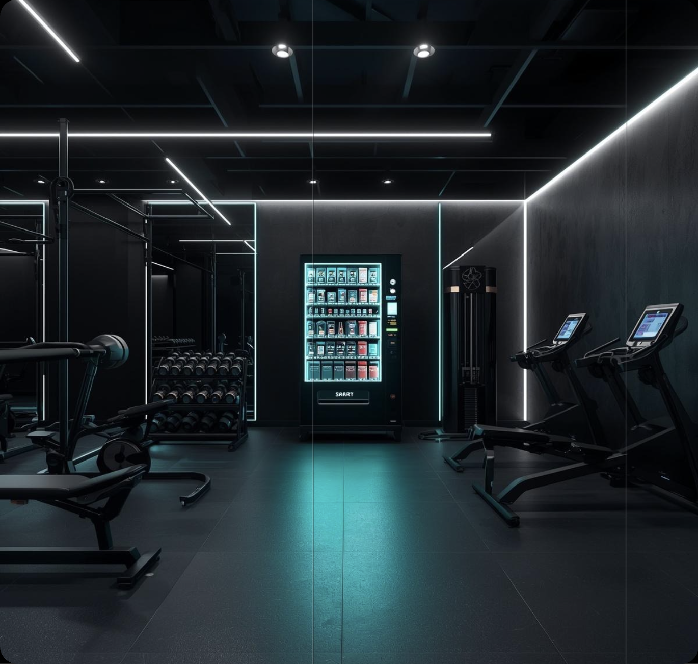 CrossFitOS smart vending on a premium gym floor with athletes training in the background.